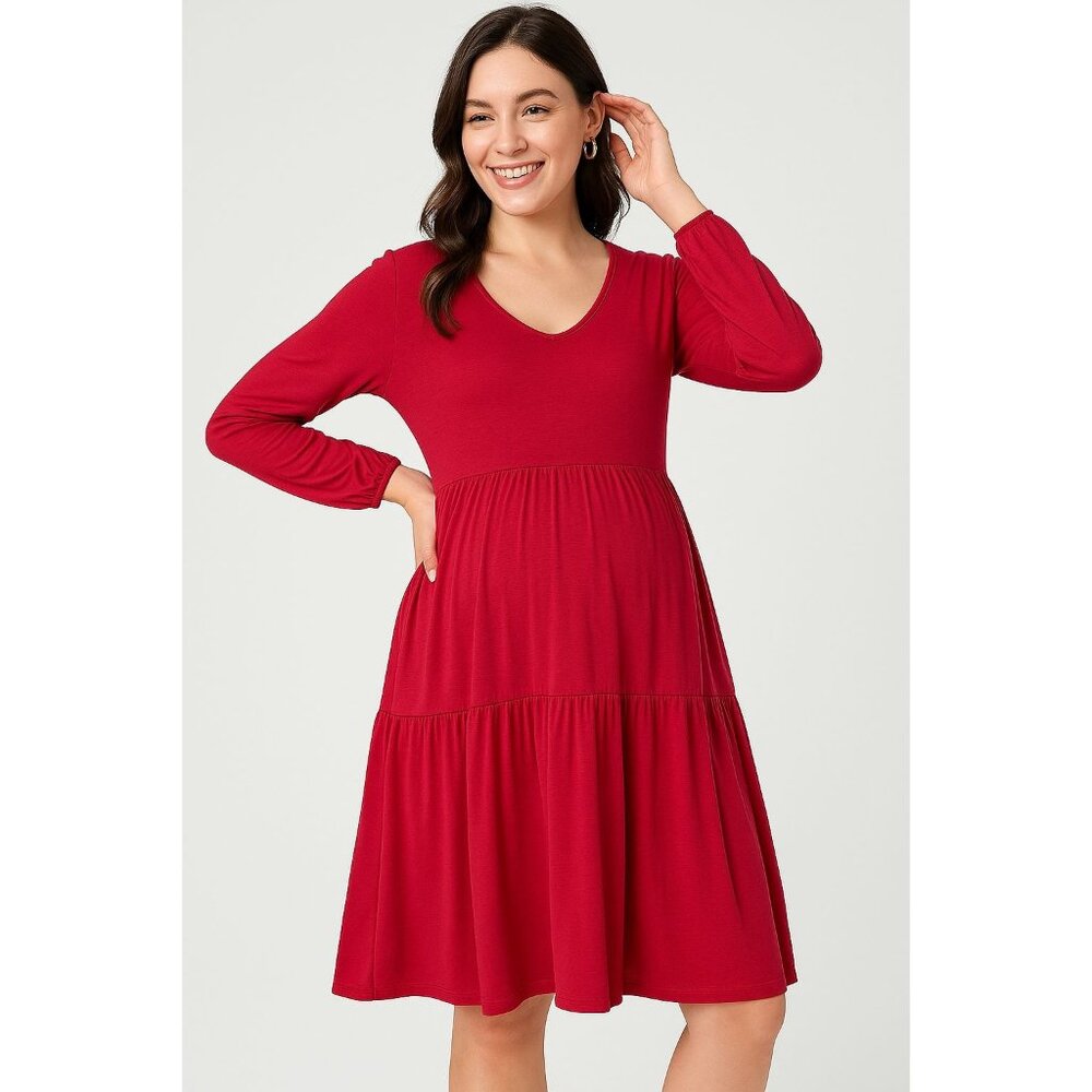 Smallshow Red Rayon & Spandex Long Sleeve V-Neck Tiered Maternity Dress